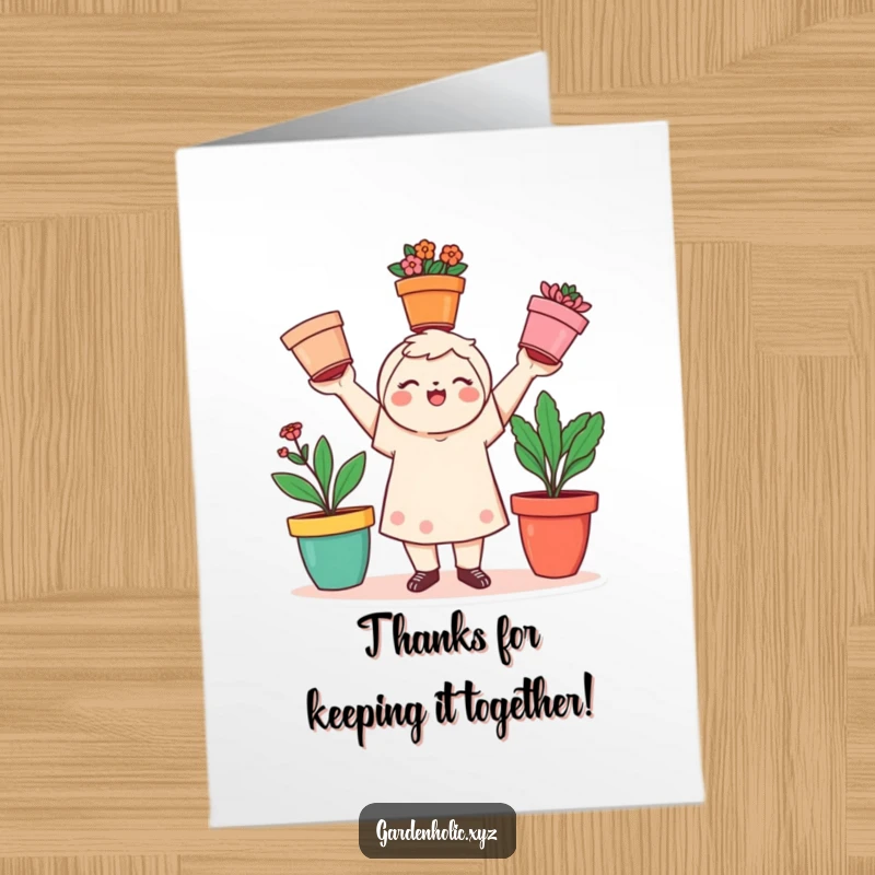 Funny Free Printable Thank You Card: Playful character juggles three colorful flower pots, expressing gratitude with a cheerful and colorful gesture.
