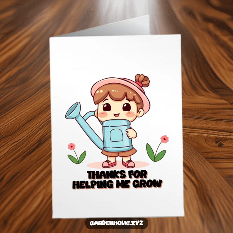 Funny Free Printable Thank You Card: Cute character smiling wide, holding a giant watering can, ready to shower with thanks.