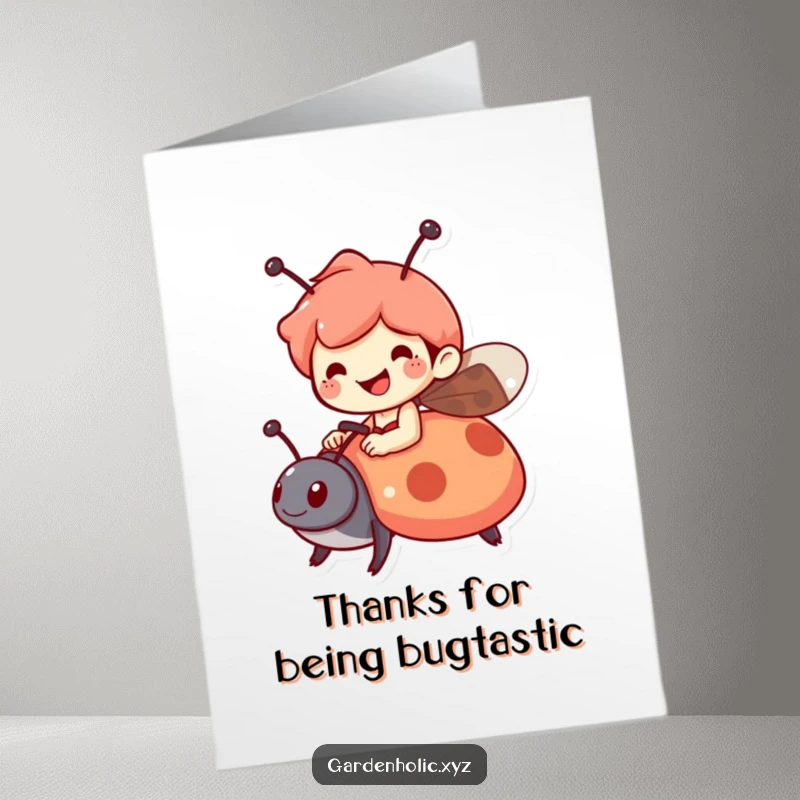 Funny Free Printable Thank You Card: Cheerful character rides a friendly ladybug, expressing thanks for a pleasant journey.