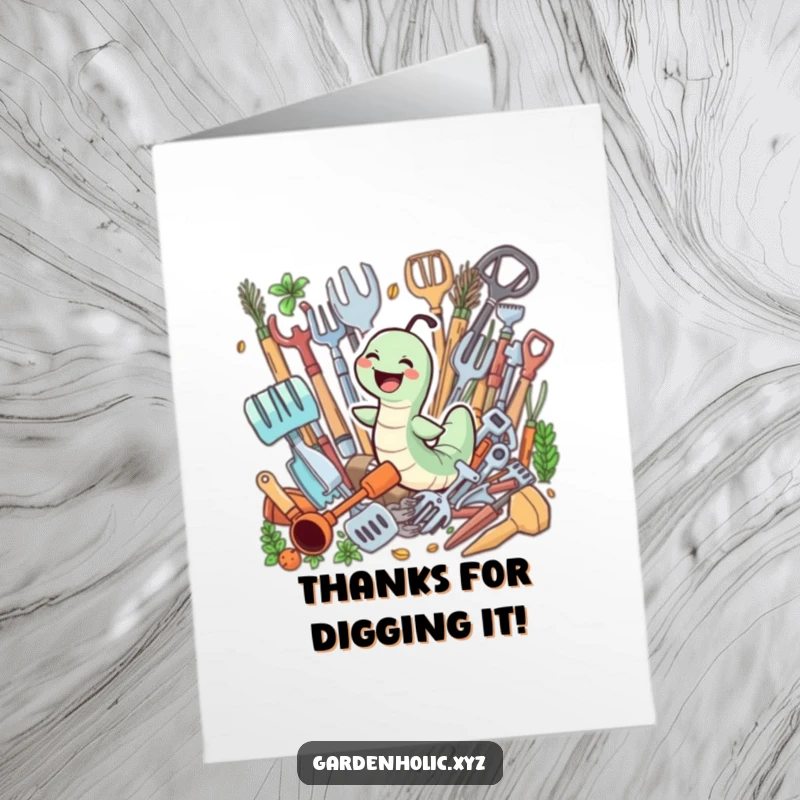 Funny Free Printable Thank You Card: Giggling worm happily swimming through gardening tools, expressing gratitude with delight.