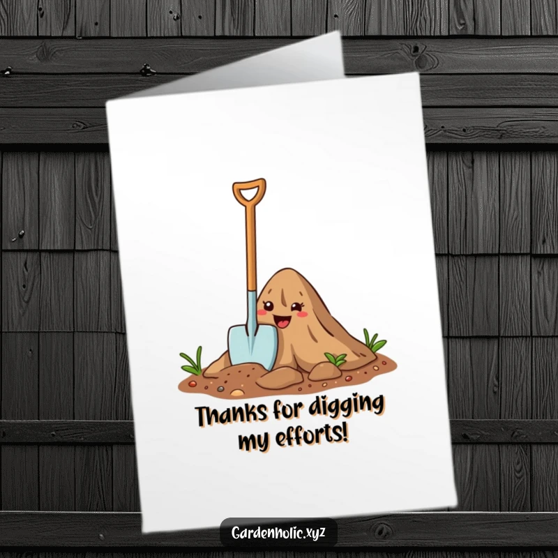 Funny Free Printable Thank You Card: Happy cartoon trowel digging into dirt, conveying thanks for hard work.