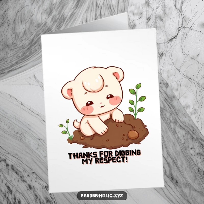 Funny Free Printable Thank You Card: Character playfully digging in soil, a charming way to say thank you, downloadable and fun.