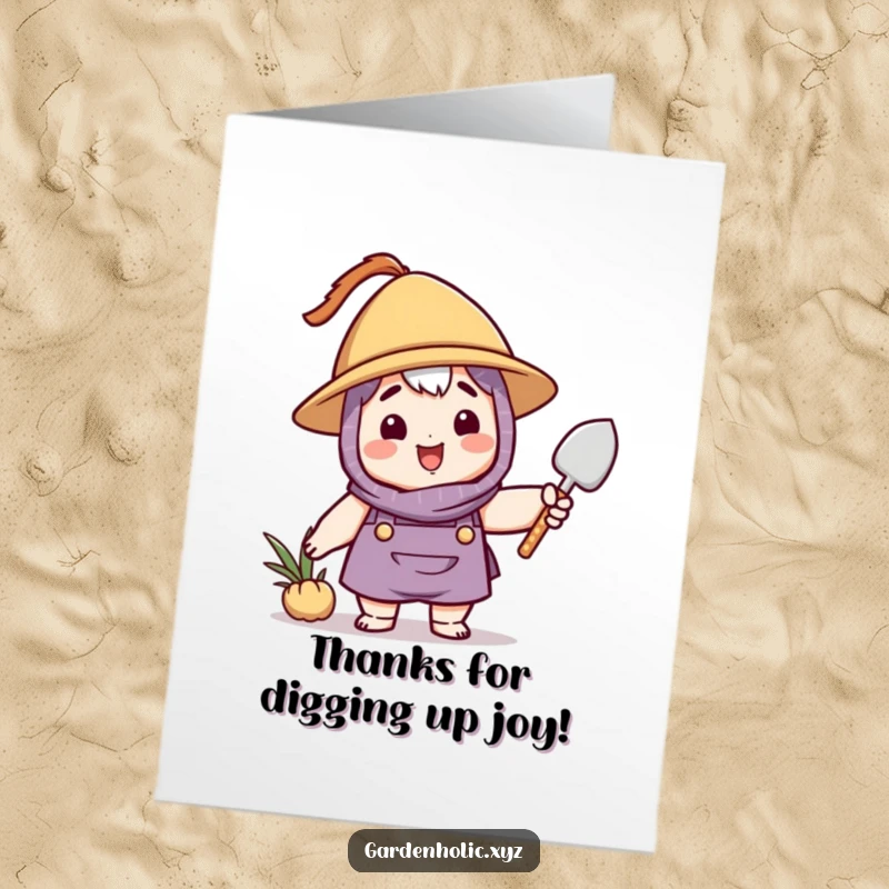 Funny Free Printable Thank You Card: Happy character wearing a hat cheerfully waves a small trowel, a unique way to say thanks.