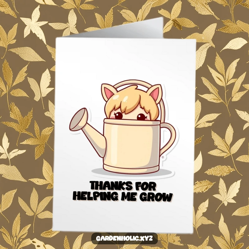 Funny Free Printable Thank You Card: Mischievous character peeking from behind a giant watering can, offering thanks.