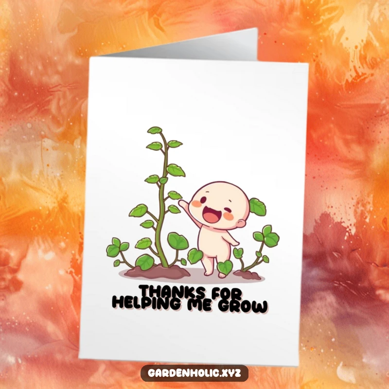 Funny Free Printable Thank You Card: Character excitedly gestures at a flourishing vine, expressing heartfelt thanks.