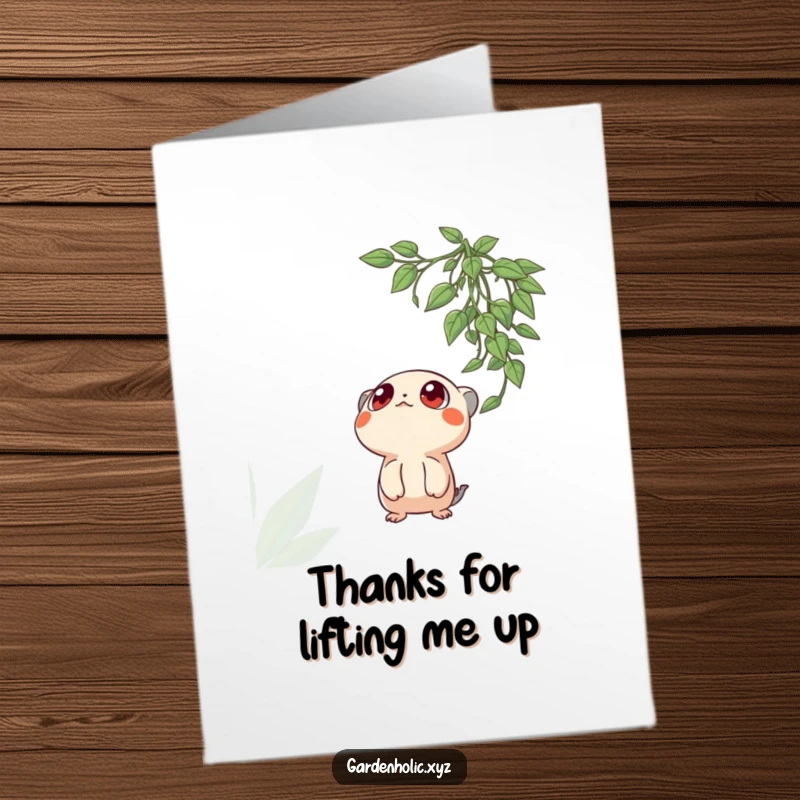 Funny free printable thank you card of a creature with big, surprised eyes looking up at a lush hanging plant.
