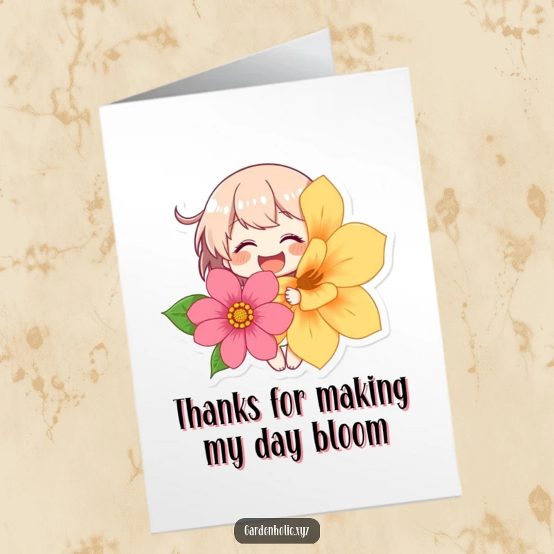 Funny Free Printable Thank You Card: A character giggling with delight while holding a large, vibrant flower.