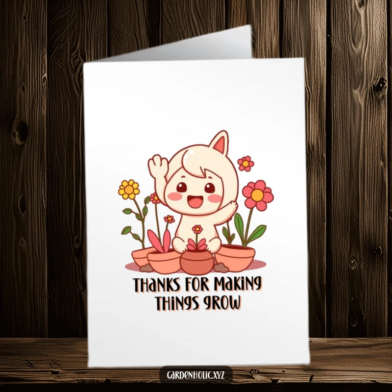 Funny Free Printable Thank You Card: A character waves with genuine delight, surrounded by cheerful, thriving plants, expressing sincere thanks.