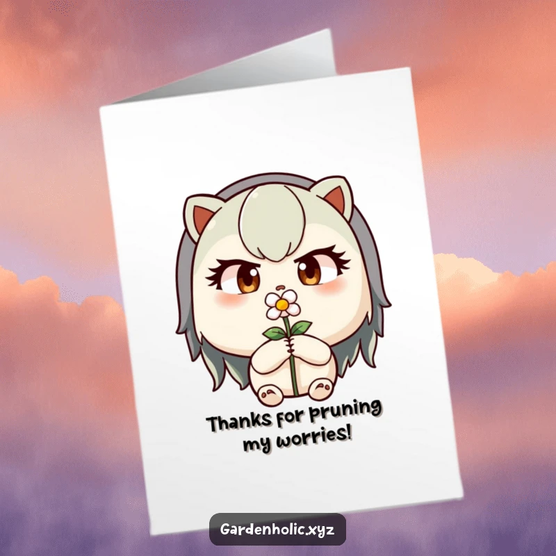 Funny Free Printable Thank You Card: Determined character with focused eyes pruning a tiny flower, thankful.