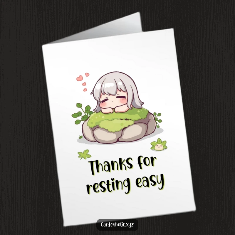 Funny Free Printable Thank You Card: A character sighing contentedly on a mossy stone, expressing thanks for a moment of peace.