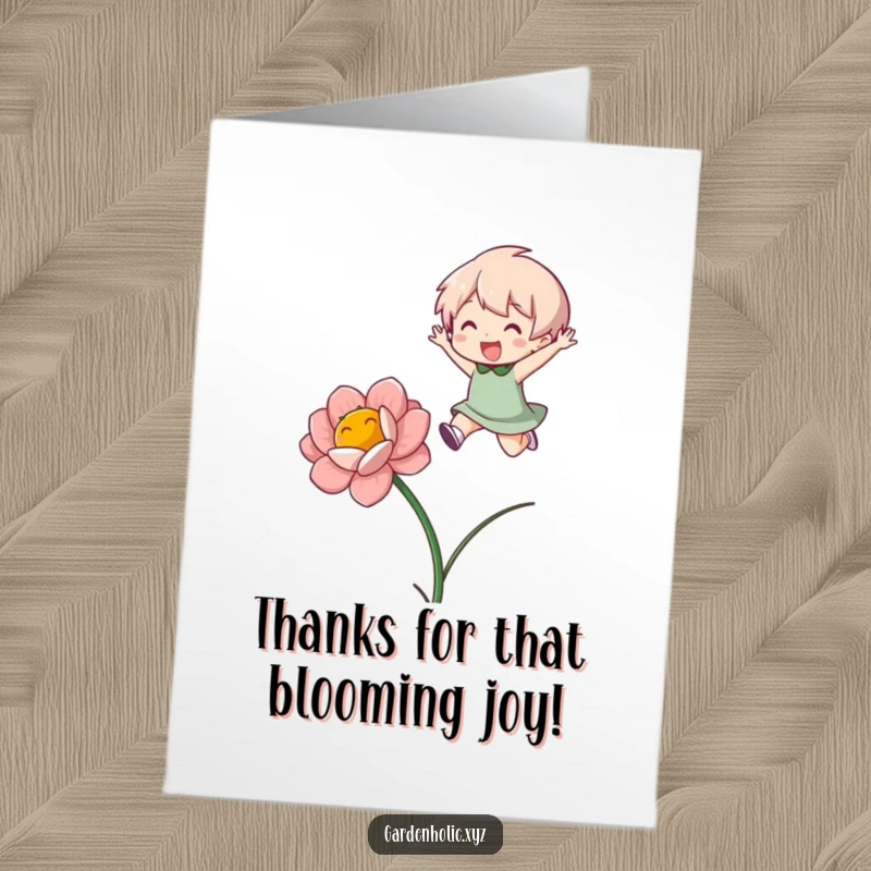 Funny Free Printable Thank You Card: Character doing a happy jump over a flower, a delightful way to express thanks, downloadable and printable.