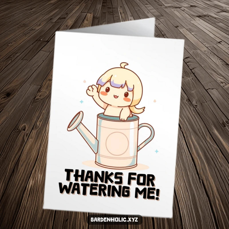 Funny Free Printable Thank You Card: Small character perched on a watering can waving.