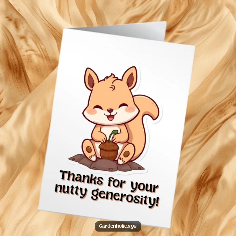Funny Free Printable Thank You Card: Cheerful squirrel planting a tiny acorn, symbolizing gratitude and growth.