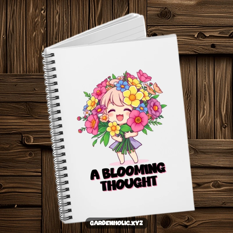 Funny notebook with a joyful character holding a giant colorful bouquet, encouraging positive writing and creativity, a useful and funny gift.
