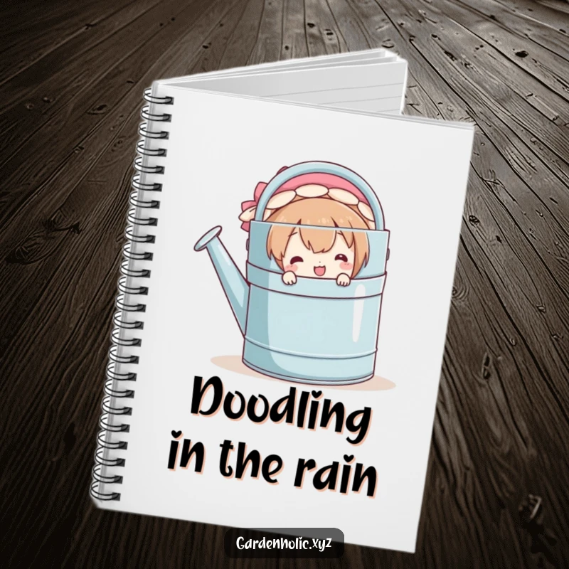 Funny notebook featuring a smiling character peeking from behind a large watering can, ideal for capturing playful ideas.