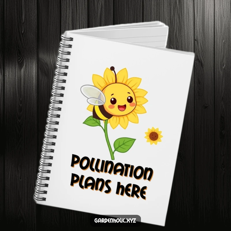Funny bee flying towards a smiling sunflower on the cover of a cheerful notebook.