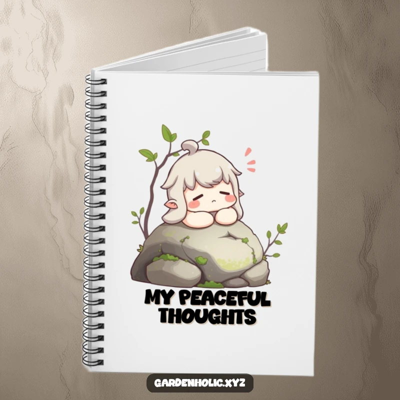 Funny notebook cover with a character sighing contentedly while resting on a mossy stone, perfect for journaling.