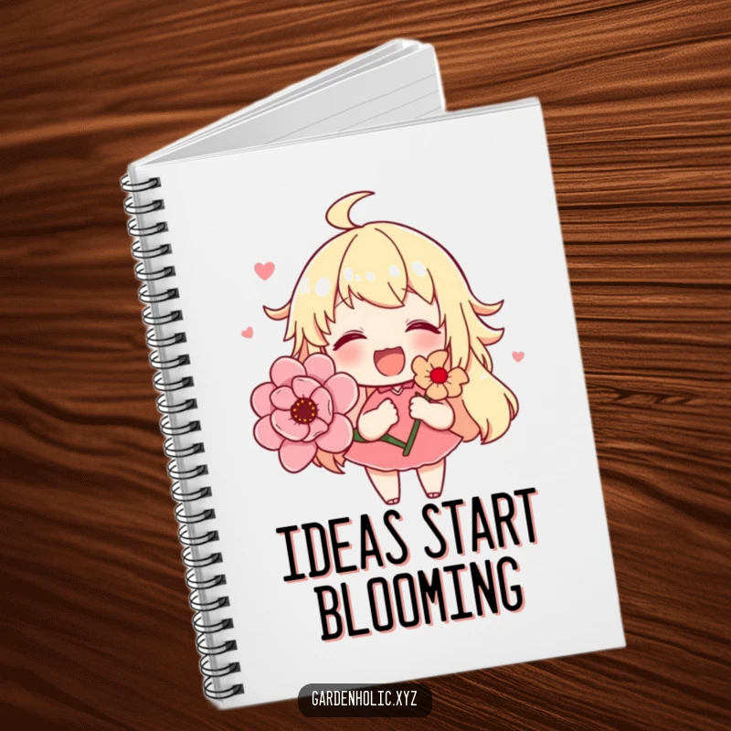 Funny notebook cover featuring a cute character delightedly holding a vibrant blooming flower, perfect for journaling and sketching.