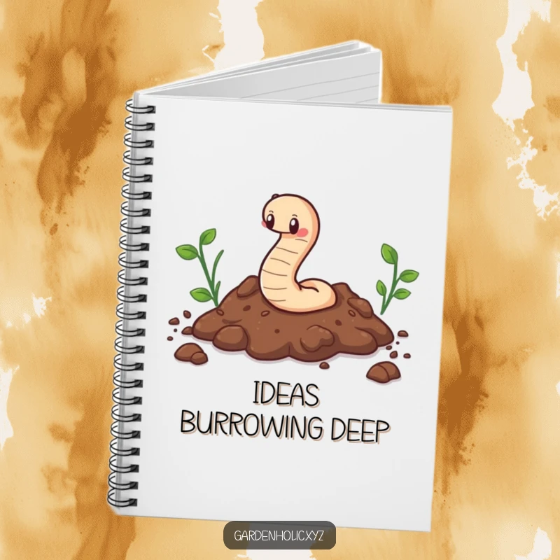 Funny notebook featuring a cute worm character happily wiggling through soil, ideal for journaling or nature notes.