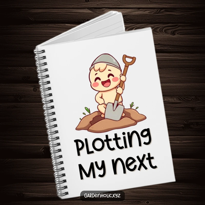Funny notebook with a beaming character enthusiastically digging a perfect hole with a spade, for planning and note-taking.