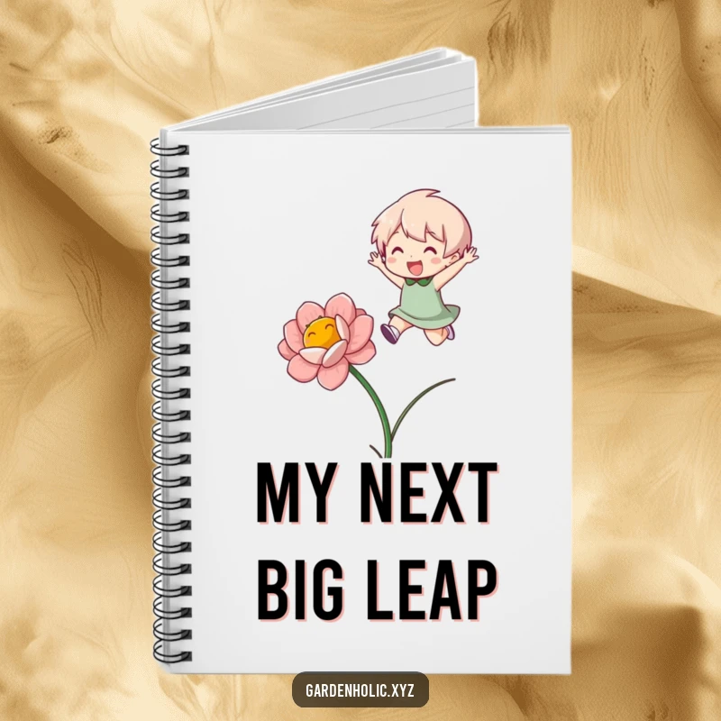 Funny Notebook: Cover shows a character gleefully jumping over a blooming flower, ideal for jotting down happy ideas.