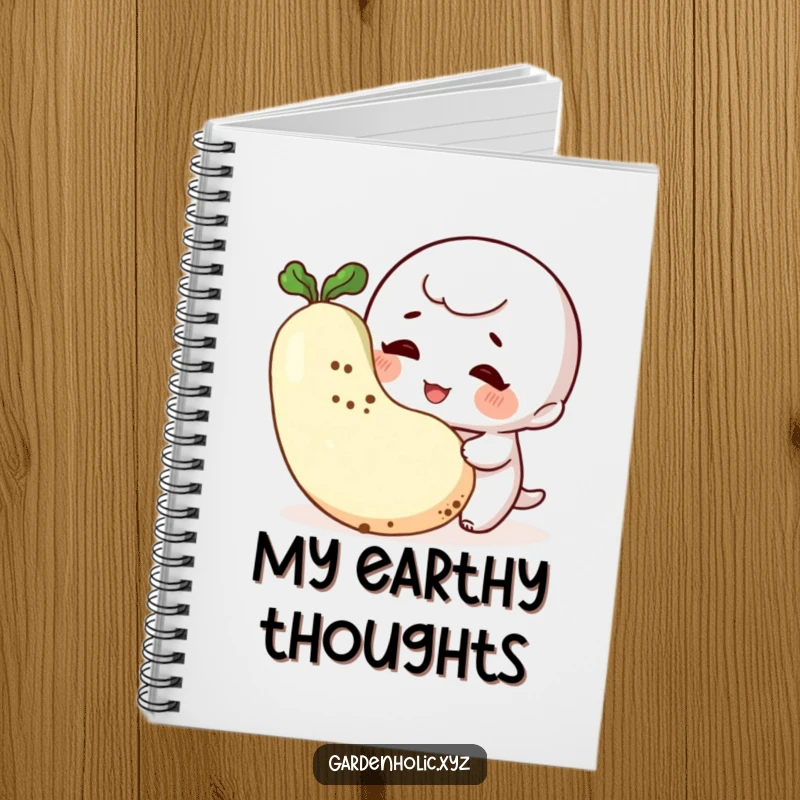 Funny Gardener Notebook: A giggling character with dirt smudges admires a vegetable, inspiring funny garden notes and creative ideas.