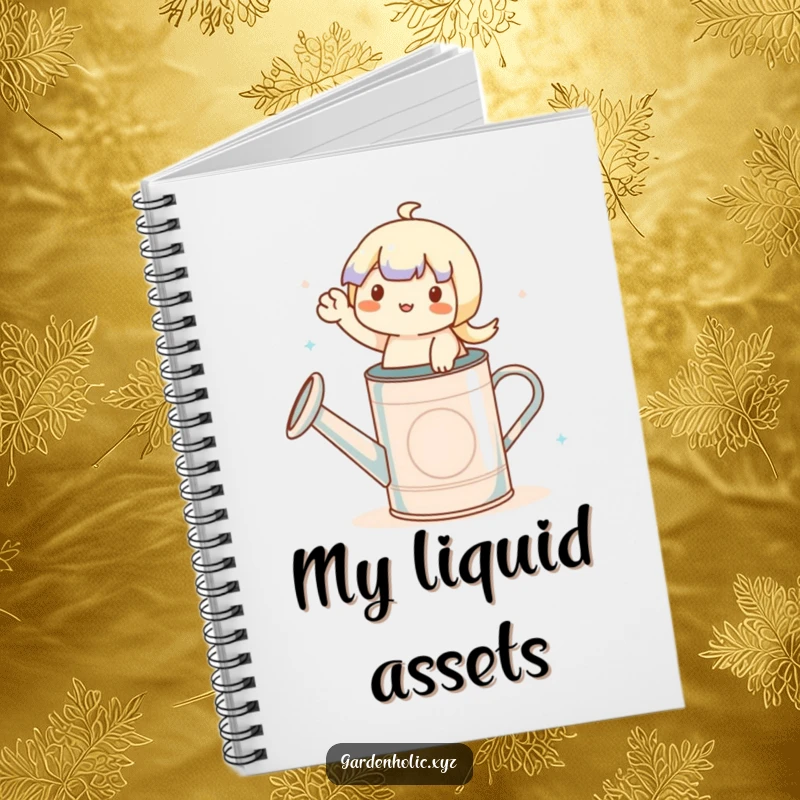 Funny notebook with a small waving character on a watering can, perfect for jotting down notes with garden humor.