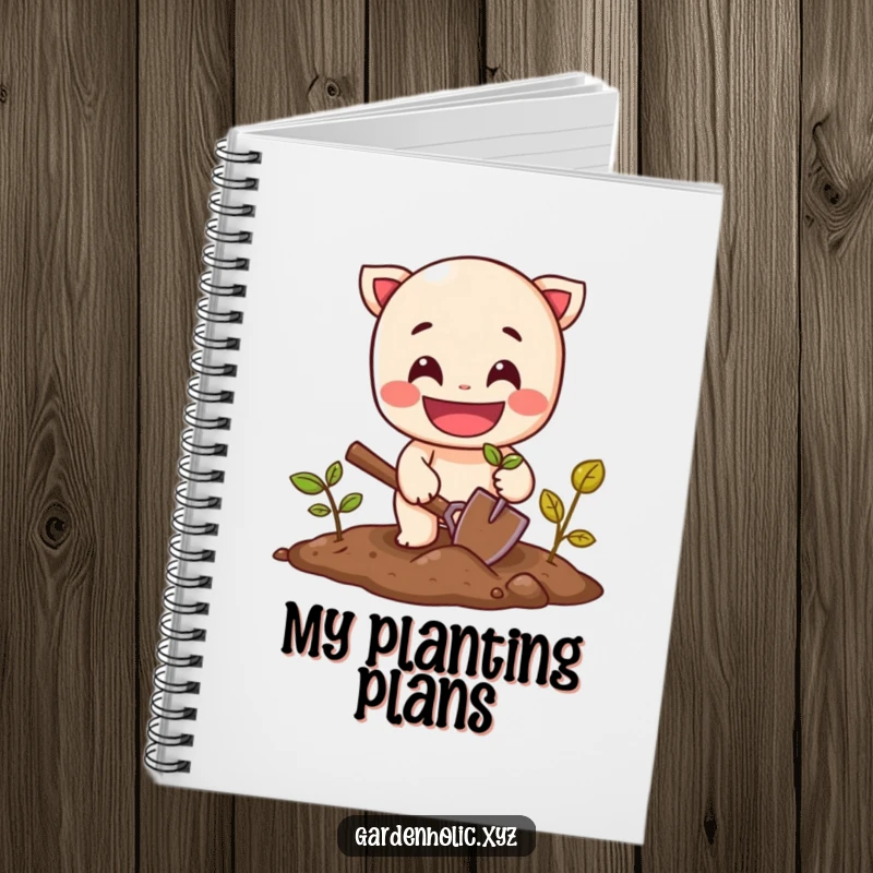 Funny notebook featuring a cheerful character with a wide grin planting a seed with a small shovel.