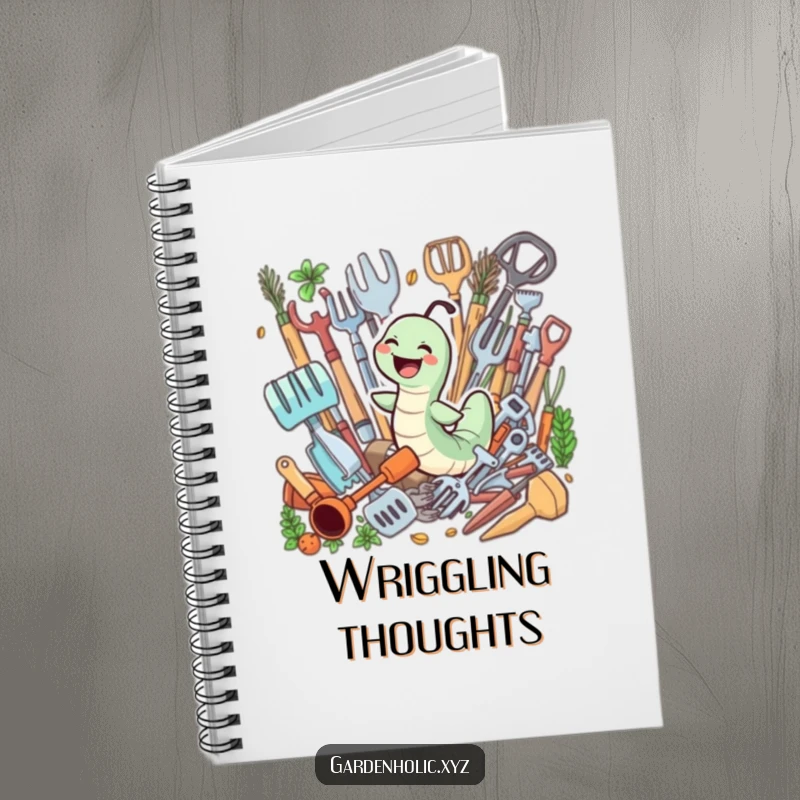 Funny notebook with a giggling worm joyfully swimming through a pile of gardening tools, perfect for garden notes.
