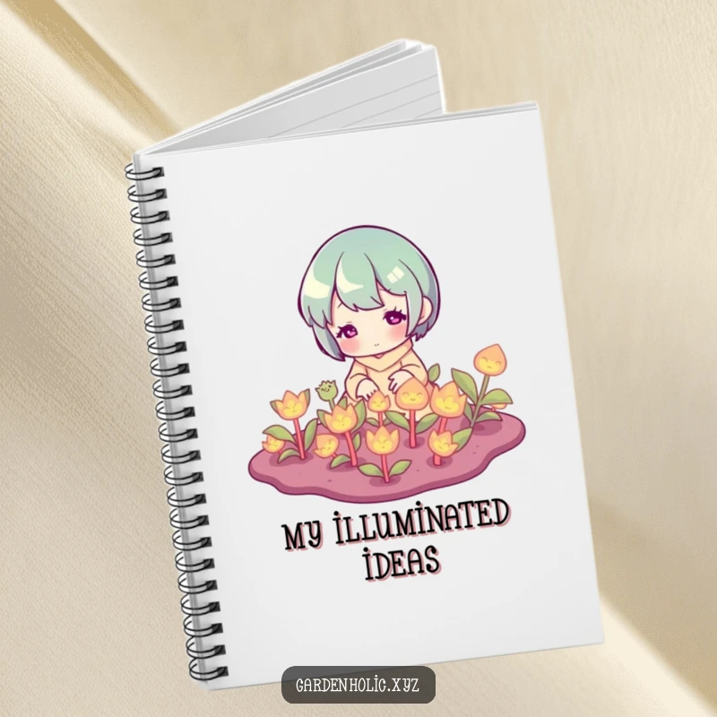 Funny Notebook: Cover illustration of a character happily tending to a patch of glowing plants, for creative minds.