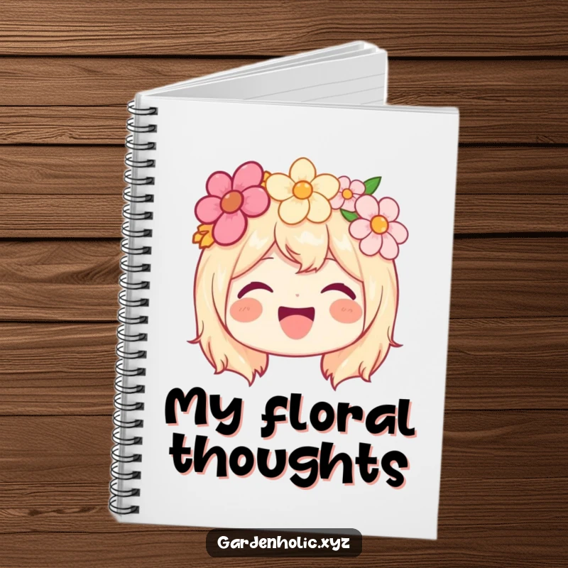 Funny notebook with a joyful character wearing a flower crown and beaming, perfect for journaling.