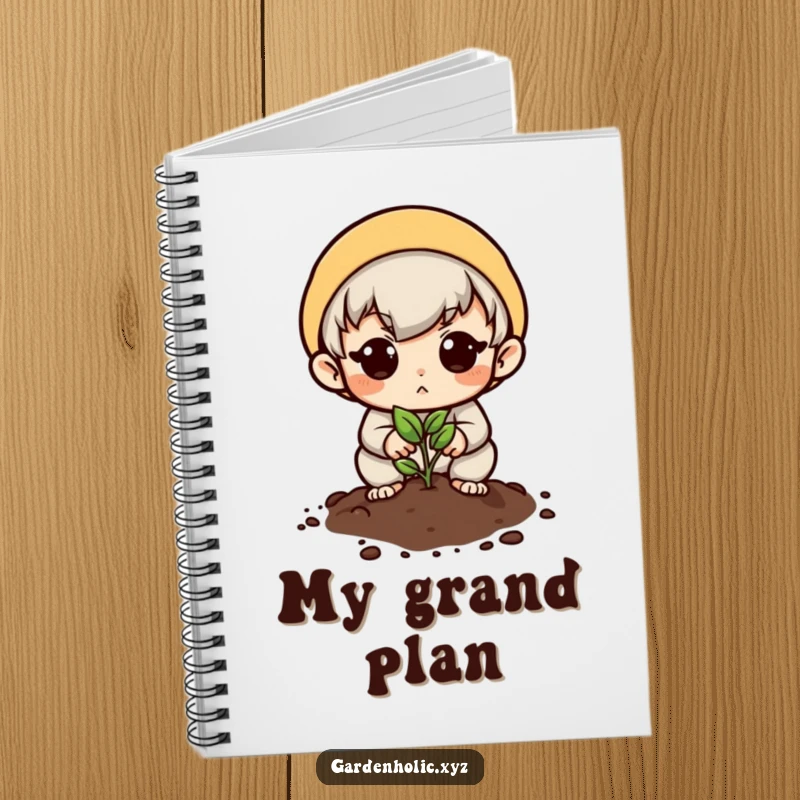 Funny notebook with a determined character planting a tiny seed, perfect for journaling with hopeful inspiration.