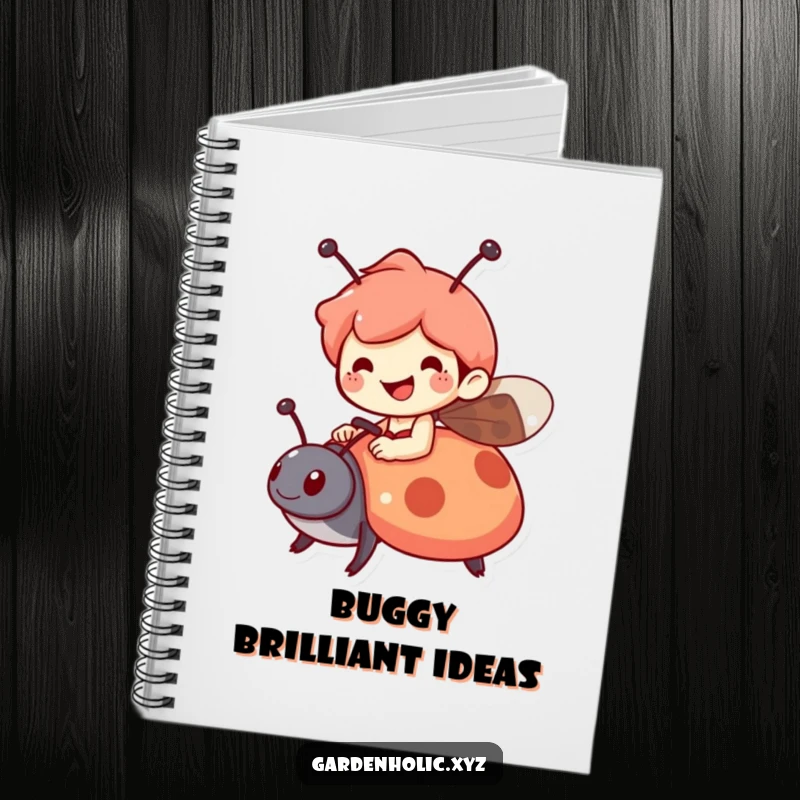 Funny notebook with a cheerful character riding a ladybug, encouraging creative thinking and note-taking, a useful and funny gift.