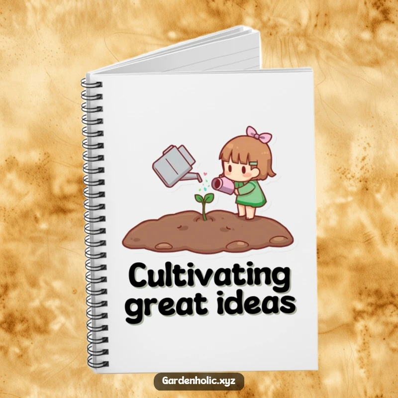 Funny notebook cover with a small character gently watering a tiny sprout, perfect for journaling, sketching, and creative ideas.