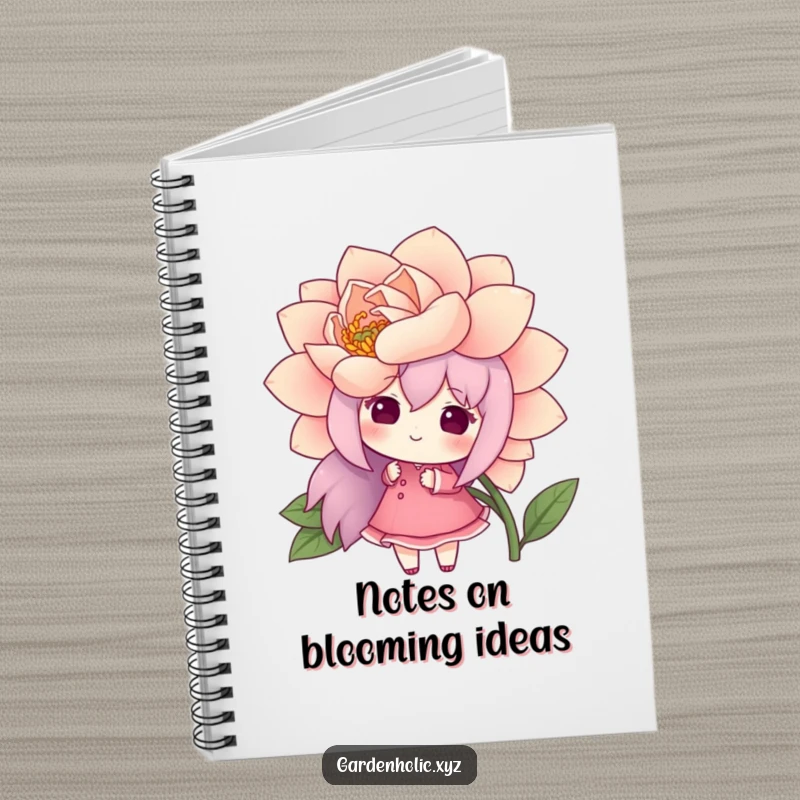 Funny notebook cover with a cheerful character admiring a large, blooming flower, ideal for jotting down inspiring thoughts.