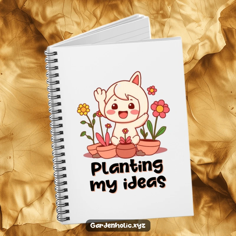 Funny notebook featuring a character waving happily, surrounded by cheerful plants, ideal for jotting down gardening notes and ideas.
