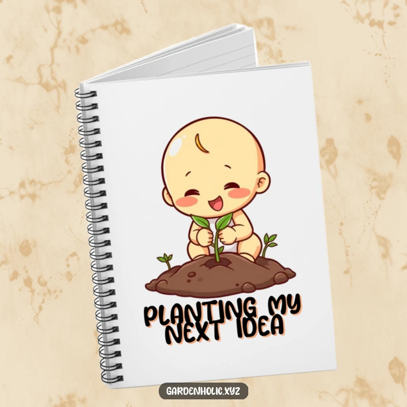 Funny notebook cover with a happy character intently planting a seed, ideal for journaling, planning, and creative ideas.