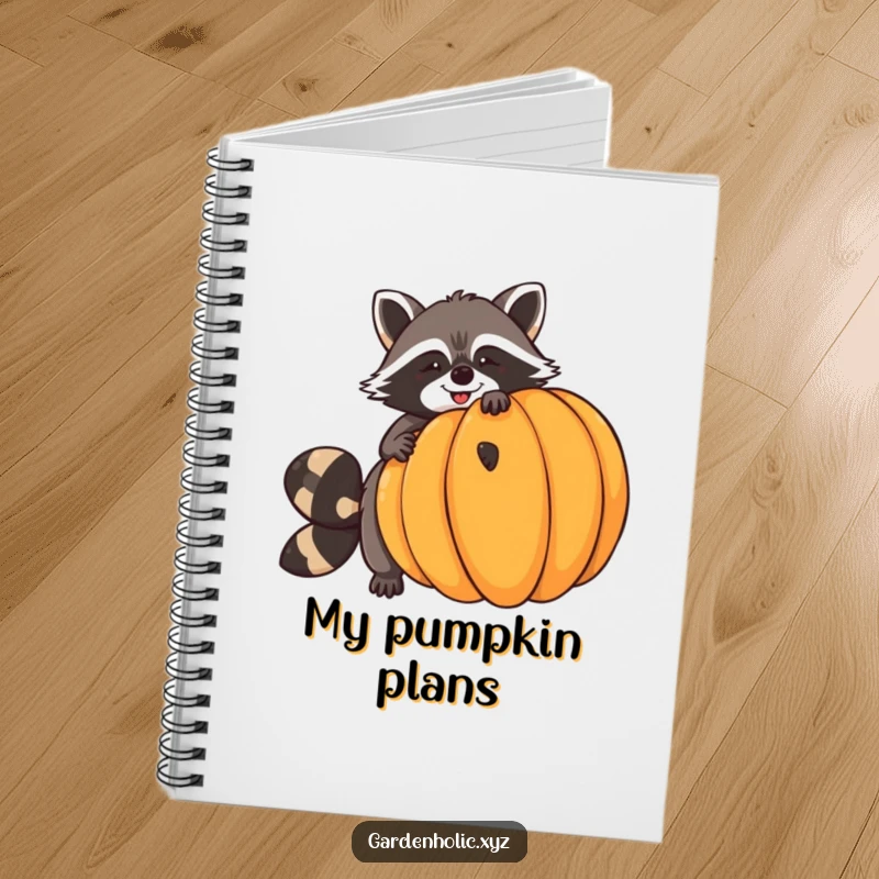 Funny raccoon notebook cover featuring a giggling raccoon trying to balance a huge pumpkin, ideal for journaling and autumn-themed notes.