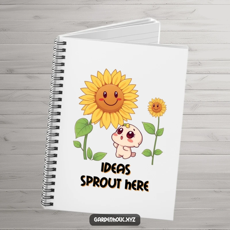 Funny notebook with a surprised character's wide eyes looking up at a giant, happy sunflower, perfect for capturing humorous notes.