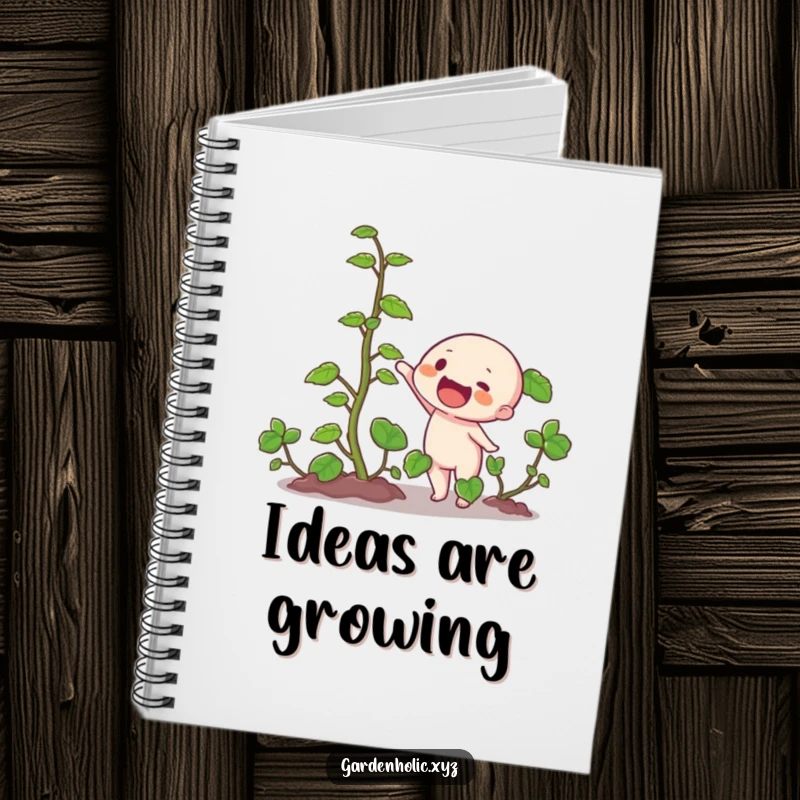 Funny notebook with a character gleefully pointing at a thick, rapidly growing vine, encouraging creativity and plant enthusiasm.