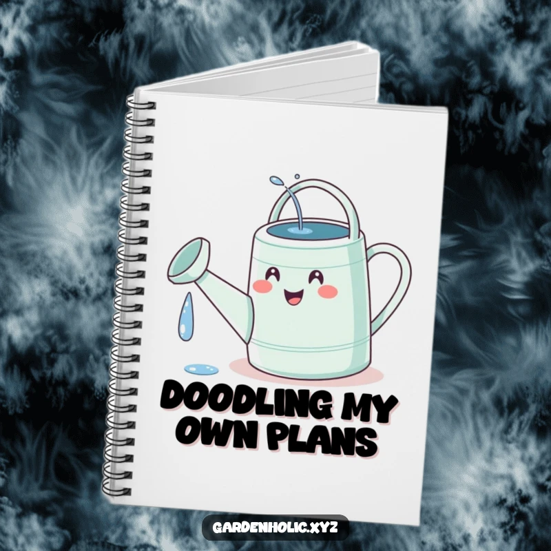 Funny watering can notebook with a tiny, delighted face hilariously watering its own spout, perfect for garden notes and doodles.