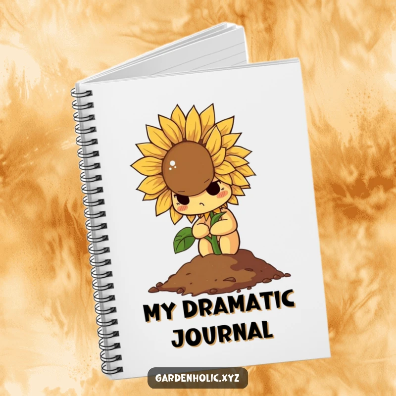 Funny notebook with a determined sunflower dramatically wilting into a pile of soil, ideal for journaling dramatic thoughts.