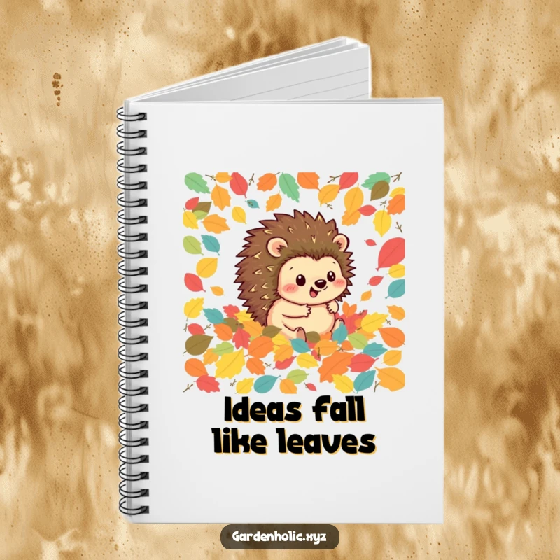 Funny hedgehog notebook cover featuring a happy hedgehog rolling through a pile of colorful autumn leaves, ideal for journaling and notes.