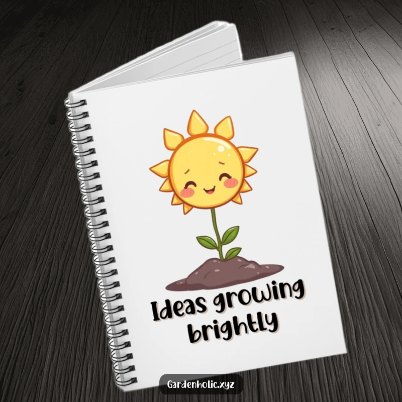 Funny notebook with a smiling sun character shining warmly on a plant, perfect for jotting notes with cheerful vibes.