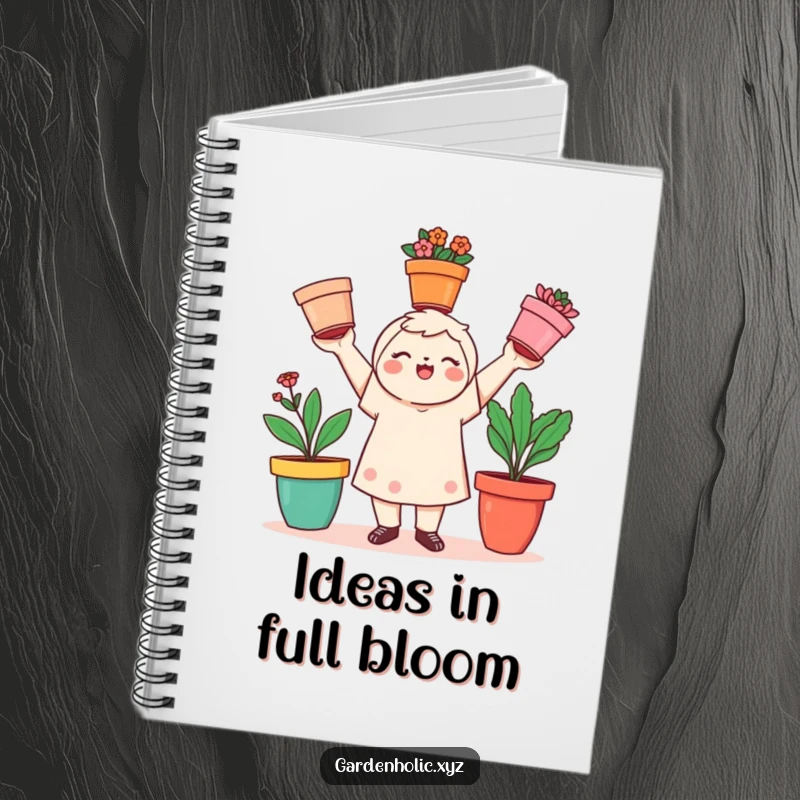 Funny gardener notebook with a playful character juggling three colorful flower pots, a perfect funny gift.