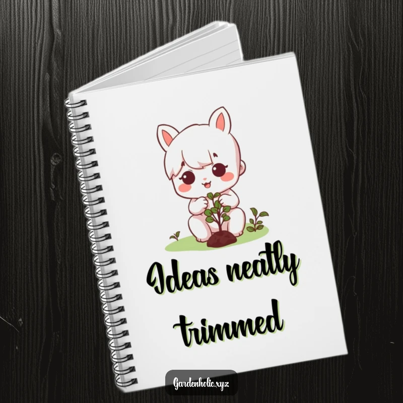 Funny notebook featuring a happy, focused character meticulously pruning a tiny bush, ready to record garden plans and observations.