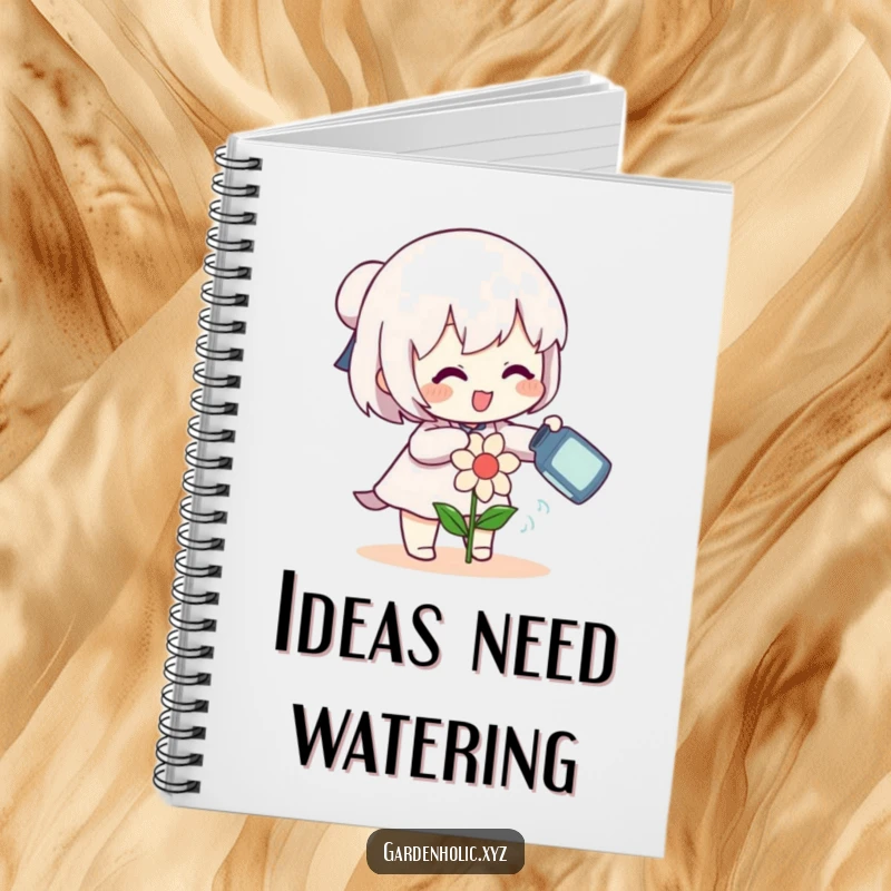 Funny character gleefully watering a small, smiling flower with a can on a notebook, for jotting ideas with cheer, a superb funny gift.