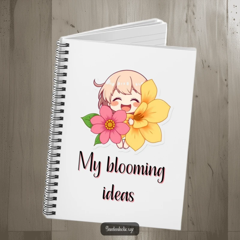 Funny notebook with a character giggling while holding a vibrant flower, perfect for jotting down delightful thoughts.
