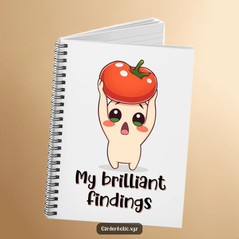 Funny surprised character holding a ripe tomato overhead, featured on a notebook cover, ideal for writing down winning ideas, a useful funny gift.