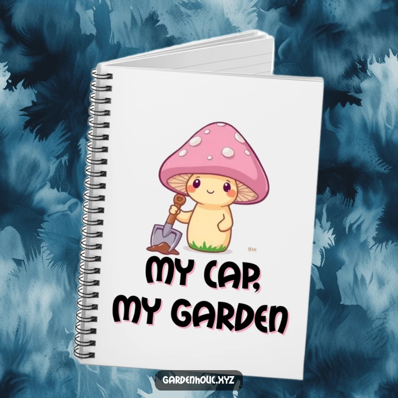 Funny mushroom with a shovel planting its cap on a notebook cover, a whimsical and motivational stationery item.